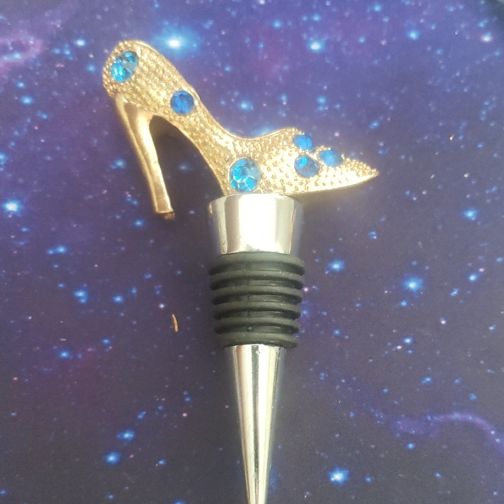 Stiletto High Heel Wine Bottle Stopper With Blue Rhinestones